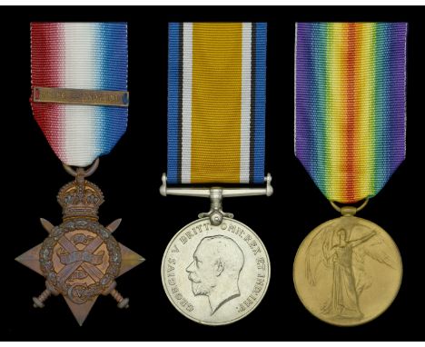 Three: Private D. Stewart, Royal Scots  1914 Star, with clasp (7908 Pte. D. Stewart. 2/R. Scots.); British War and Victory Me