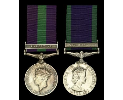 General Service 1918-62, 1 clasp, Palestine (4971495 Pte. J. Wilkinson. The Queen’s R.) small area of erasure between number 