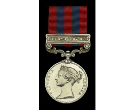 India General Service 1854-95, 1 clasp, Burma 1887-89 (1983 Pte. J. Baker 2d. Bn. Ches. R.) pawnbroker’s mark to obverse fiel