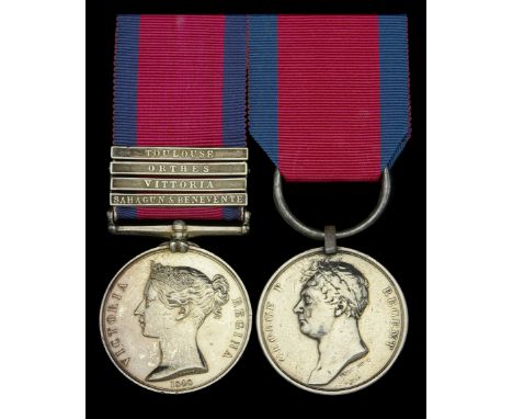 Pair: Private Allen Hewson, 10th Hussars  Military General Service 1793-1814, 4 clasps, Sahagun & Benevente, Vittoria, Orthes