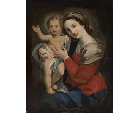 Italian school; circa 1700. "Madonna with Bambino". Oil on canvas. It presents faults on the pictorial layer and old repainti