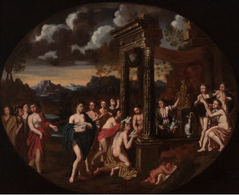 Italian school; XVIII century. "Nymphs offering doves on the altar of Venus". Oil on canvas. Re-colored. Presents repainting 