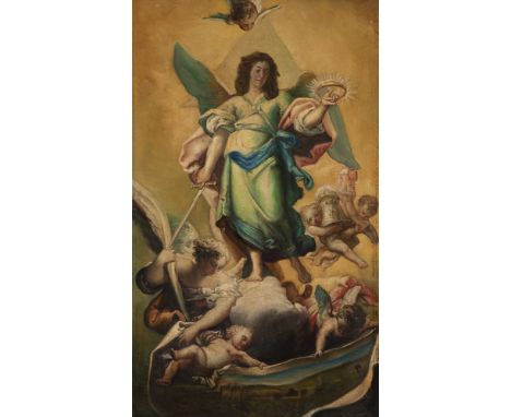 Circle of VICENTE LÓPEZ PORTAÑA (Valencia, 1772 - Madrid, 1850). "Archangel St. Michael. Oil on canvas. Re-drawn. Size: 102 x