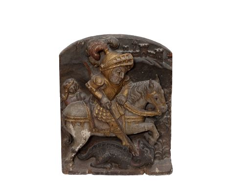 Spanish school mid-twentieth century."St. George and the Dragon.Carved and polychrome wood.Measurements: 60 x 47 x 14 cm.This