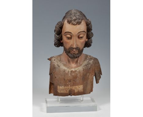 Spanish school seventeenth century."Bust of a saint.Carved and polychrome wood.Measurements: 49 x 30 x 11,5 cm; 60 x 30 x 17 