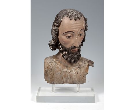 Spanish school seventeenth century."Bust of a saint.Carved and polychrome wood.Measurements: 43 x 26 x 11 cm; 52 x 33 x 17 cm