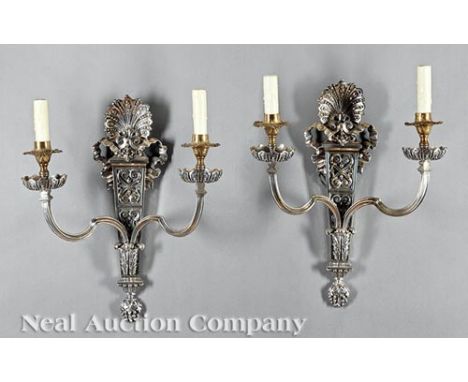 Pair of Louis XVI-Style Argente Two-Light Sconces, 19th c., tapered backplate surmounted by shell, scrolling arms, h. 19 in.,