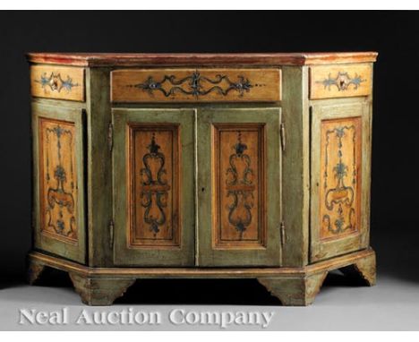 Antique Italian Painted Credenza, probably 19th c. or earlier, canted sides, frieze drawers over recessed panel doors, shelf 