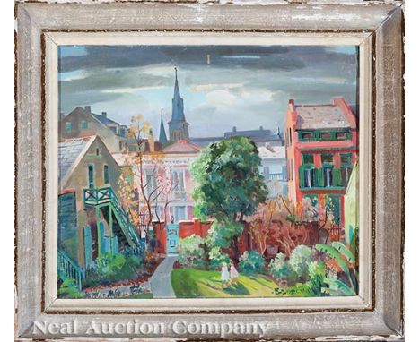 Clarence Millet, A.N.A. (American/Louisiana, 1897-1959), "French Quarter Garden", oil on canvas board, signed lower right, si