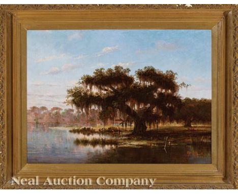 William Henry Buck (Norwegian/Louisiana, 1840-1888), "Fishermen in the Shade of the Live Oak Tree, Louisiana Bayou", oil on c