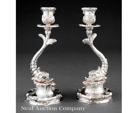 Pair of Buccellati Sterling Silver Dolphin-Form Candlesticks, Milan hallmarks, h. 7 5/8 in., wt. 27.95 troy ozs     