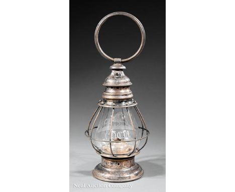 Antique Silvered Brass Fireman's Presentation Lantern, fixed cage, globe inscribed "HCM Newburg VT" and with a trotting horse