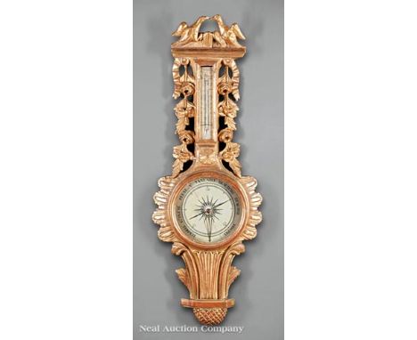 Restauration Carved Giltwood Barometer, early 19th c., love bird crest, floral garlands, thermometer over weather dial, h. 39