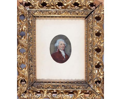 British School, late 18th/early 19th c., "Portrait of a Gentleman in a Red Waistcoat", watercolor on paper, unsigned, 4 in. x