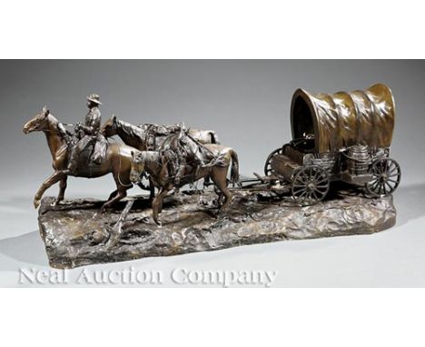 R. Clark (American, 20th c.),"Three Horses with Chuckwagon", bronze, inscribed signature on self-base, h. 13 1/2 in., w. 32 1