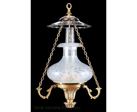 Small American Gilt Brass Hanging Solar Lamp, 19th c., smoke bell, foliate cut shade, h. 17 in., dia. 10 in. Provenance: The 