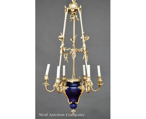 Louis XV-Style Bronze Mounted Cobalt Porcelain Six Light Chandelier, 20th c., urn form, foliate branches with masks, beribbon