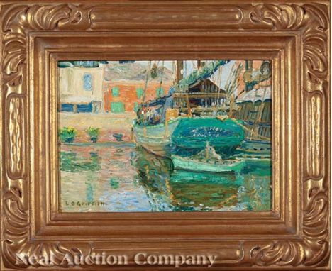 Louis Oscar Griffith (American/Indiana, 1875-1956, act. New Orleans, 1916-1917), "At Dusk, Old Basin Canal, New Orleans", oil