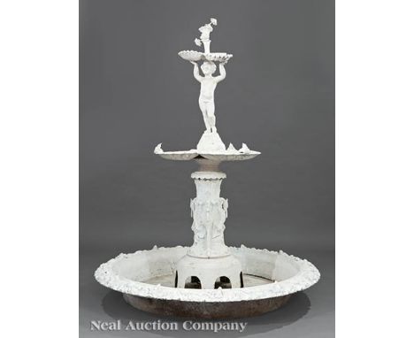 American Cast Metal Figural Garden Fountain, 20th c., after the well-known model by Fiske, New York, cherub and shells, over 