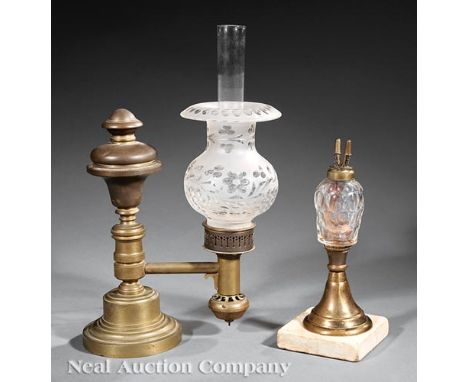 English Brass Single Arm Argand Lamp, 19th c., cut and etched glass shade, h. 12 3/4 in., w. 10 in., d. 5 in.; together with 