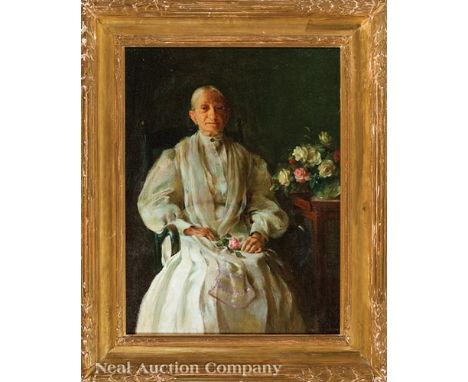 Charles Courtney Curran (American, 1861-1942), "Portrait of a Seated Woman with Flowers", 1906, oil on canvas, signed and dat