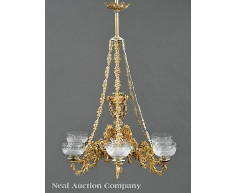 Fine American Gilt and Silvered Bronze Six-Light Gasolier, c. 1852, attr. to Cornelius and Baker, vasiform standard, floral s
