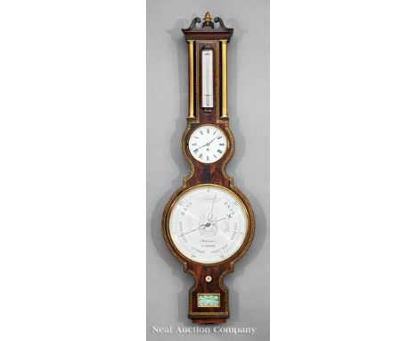 Fine English Brass Inlaid Rosewood Clock Barometer, 19th c., marked "Johnson, London", case with brass colonettes, incorporat