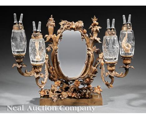 Rare American Victorian Cast Brass Four-Light Mirrored Dressing Lamp, c. 1855, shield-form mirror with floral decoration moun