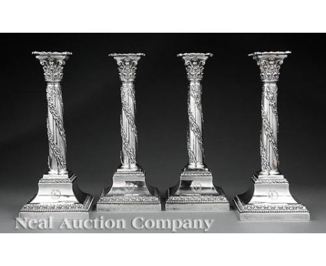 Set of Four Antique English Silverplate Candlesticks in the Neoclassical Taste, William Hutton and Sons, Sheffield, 19th c., 