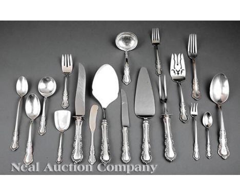 American Sterling Silver Partial Flatware Service, Reed & Barton "Georgian Rose" pattern, pat. 1941, incl. 1 dinner fork, 10 