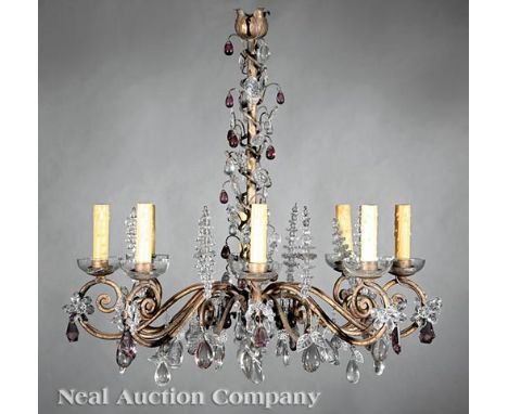 Italian Patinated Gilt Metal and Crystal Eight-Light Chandelier, with vine and crystal leaves, scroll arms, crystal spires, p