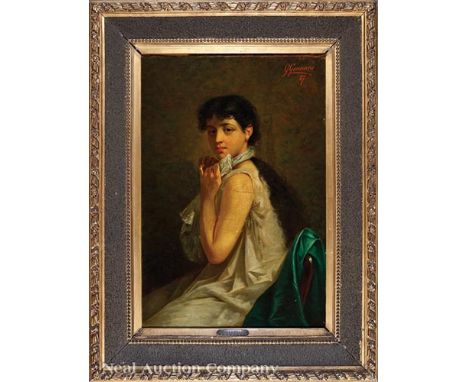 Giuseppe Gennaro (Italian, b. 1855), "Portrait of a Dark-Haired Girl", 1887, oil on canvas, signed and dated upper right, Ita
