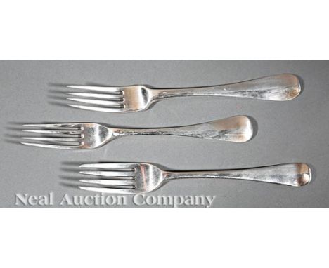 Associated Set of Eleven Hanoverian Pattern Sterling Silver Forks, incl. 2 Richard Crossley, London, 1802; 2 London, 1827, po