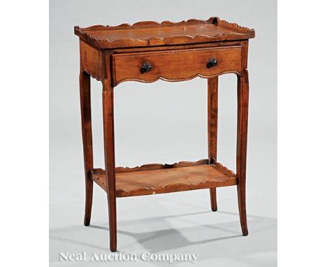 Louis XV Provincial Carved Walnut Side Table, late 18th c., galleried top, shaped frieze with drawer, galleried stretcher she