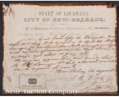 [Slavery Documents], incl. partial printed document, passport to cross Lake Pontchartrain issued by the City of New Orleans t