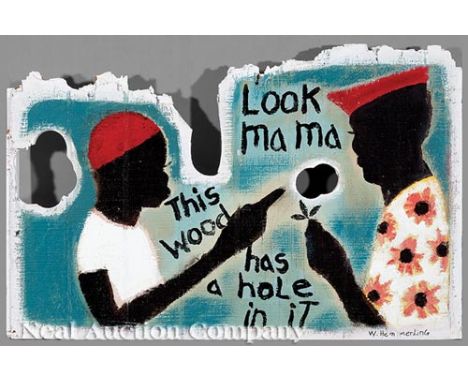 William Hemmerling (American/Louisiana, 1943-2009), "Sweet Olive: Look Mama, This Wood Has a Hole in It", mixed media on wood