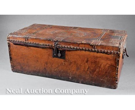 American Leather Trunk, c. 1850, labeled "James Boyd & Sons, Boston and New Orleans", top monogrammed "R.G.", nailhead trim, 