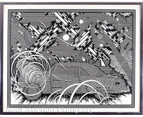 Walter Rutkowski (American/Louisiana, b. 1940), "Chevy on the Levy II", 1977, graphite, ink and mixed media on paper, unsigne