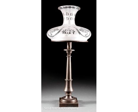 American Patinated Bronze Sinumbra Lamp, c. 1840, attr. to Henry Hooper, Boston, brown patinated candlestick form, fitted wit