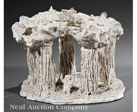 Steele Burden (American/Louisiana, 1900-1995), "Cypress Trees", white crackle glazed ceramic, incised "SB" initials on self-b