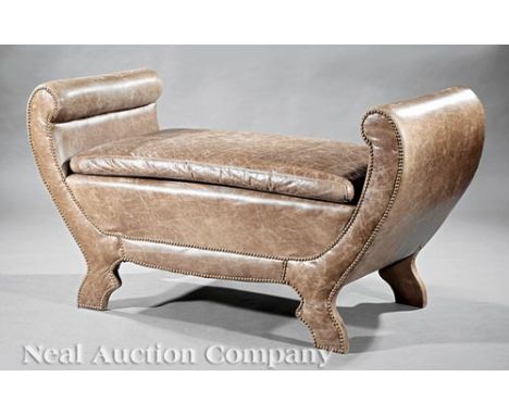 Argentine Leather Bench, scrolled arms, loose cushion, tall bracket feet, brass nailhead trim, h. 30 in., w. 55 in., d. 24 in