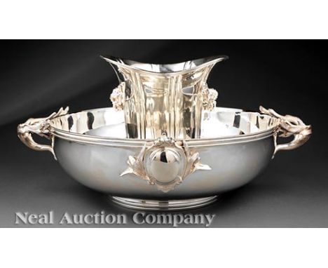 Decorative Silverplate Champagne Bucket and Ice Basin, marked, bucket with applied garlands of fruit, basin with foliate hand