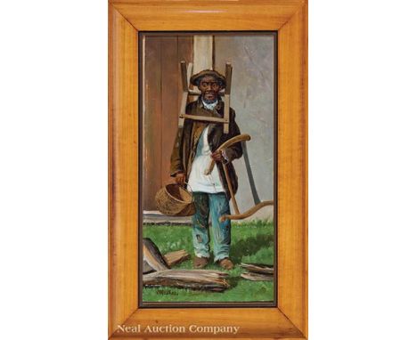 William Aiken Walker (American/South Carolina, 1838-1921), "Wood Sawyer (Man with a Bucksaw)", oil on academy board, signed l