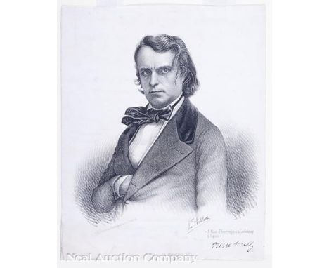 Two Antique Lithographs of Louisiana Political Figures, early 19th c., portrait of Pierre Soulé, signed "L. Audibert", 10 in.