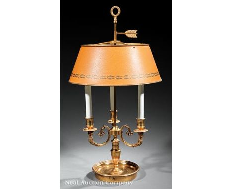 French Gilt Bronze Three-Light Bouillotte Lamp, early 20th c., tole peinte shade, h. 15 in., shade dia. 13 3/4 in     