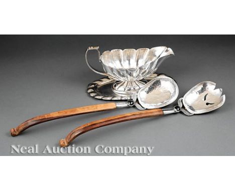 Peruvian Hand-Hammered Silver, Rosewood and Onyx Salad Serving Fork and Spoon, l. 16 1/2 in.; together with a Mexican sterlin