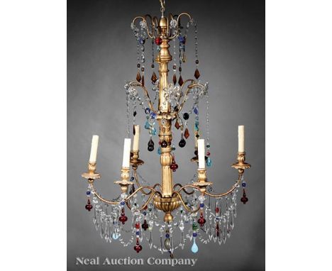 Italian Carved Giltwood, Cut Crystal and Murano Glass Six-Light Chandelier, baluster support, scrolled arms, swagged crystal 