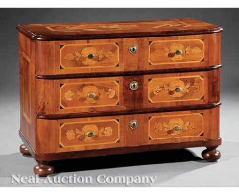 Continental Fruitwood Marquetry Commode, 19th c., floral inlaid top, three drawers, bun feet, h. 32 in., w. 46 1/2 in., d. 24
