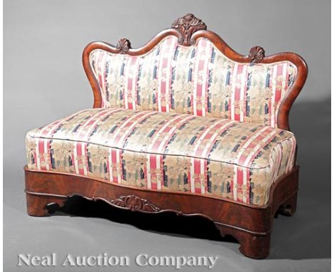 American Restauration Mahogany Slipper Sofa, 19th c., foliate carved crest rail, molded serpentine seat rail, bracket feet. P