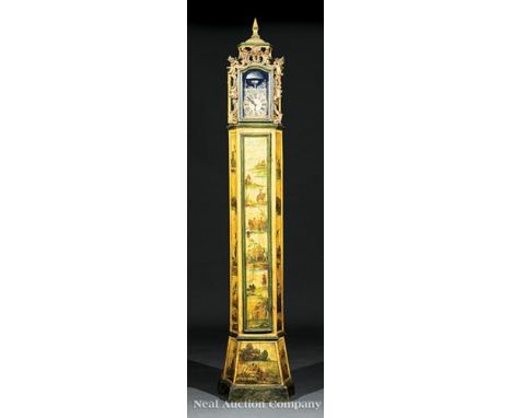 Italian Rococo Painted Tall Case Clock, late 18th c., probably Venetian, architectonic bonnet with incurvate glazed panels, t